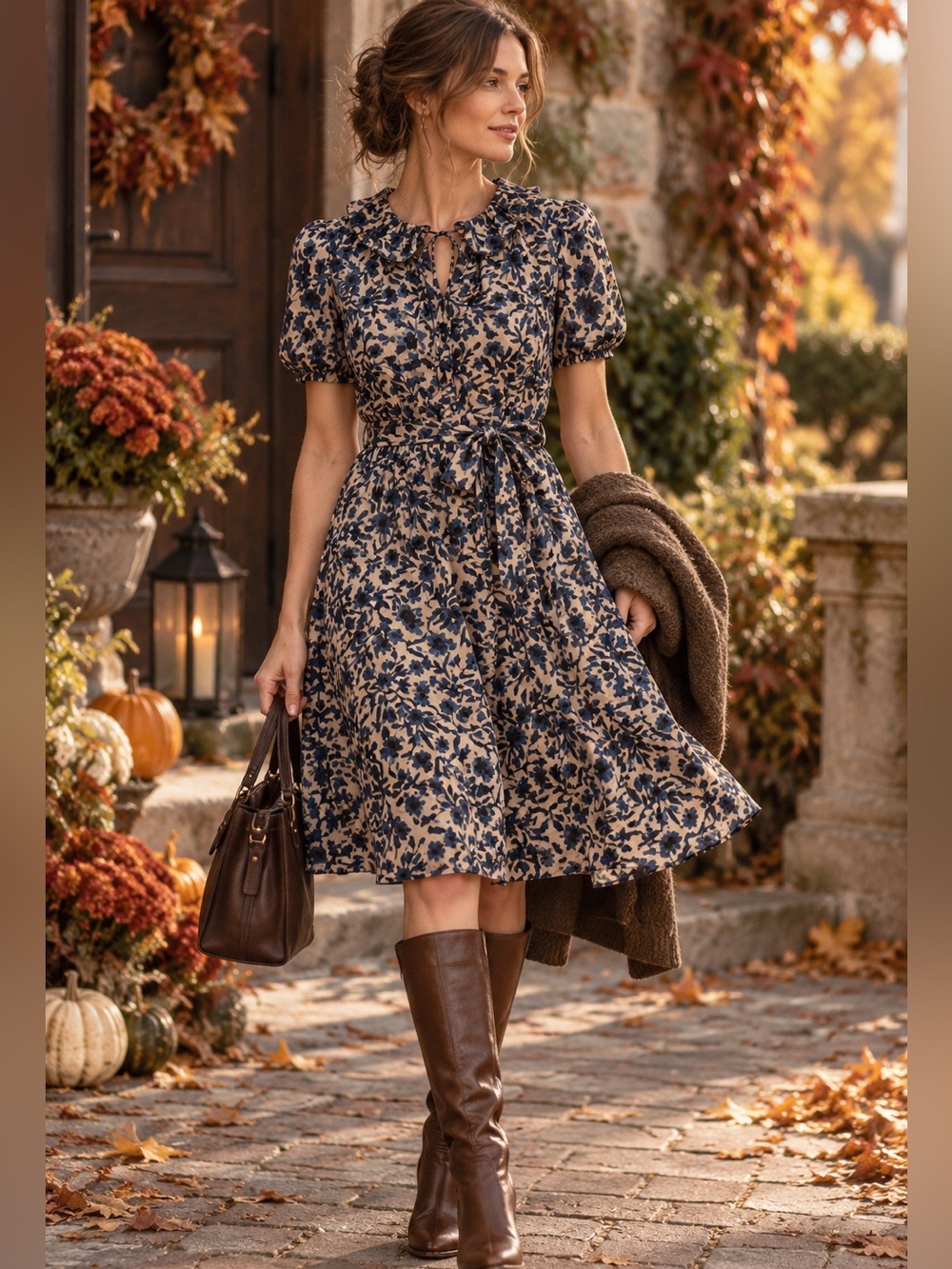 LOFT Taupe Navy Floral Ruffle Puff Sleeve Tie Waist Midi Dress Autumn Fall
